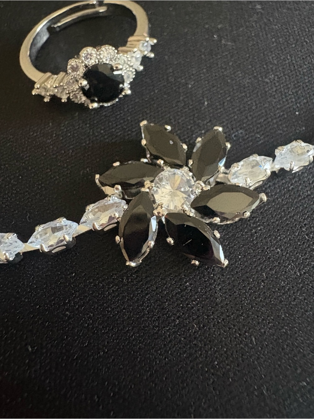 Silver-Tone Black and Clear Crystal Flower Ring